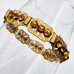 1930s Art Deco Brass Book Link Bracelet Amber Glass Stones PatSnap Clasp 6.5"